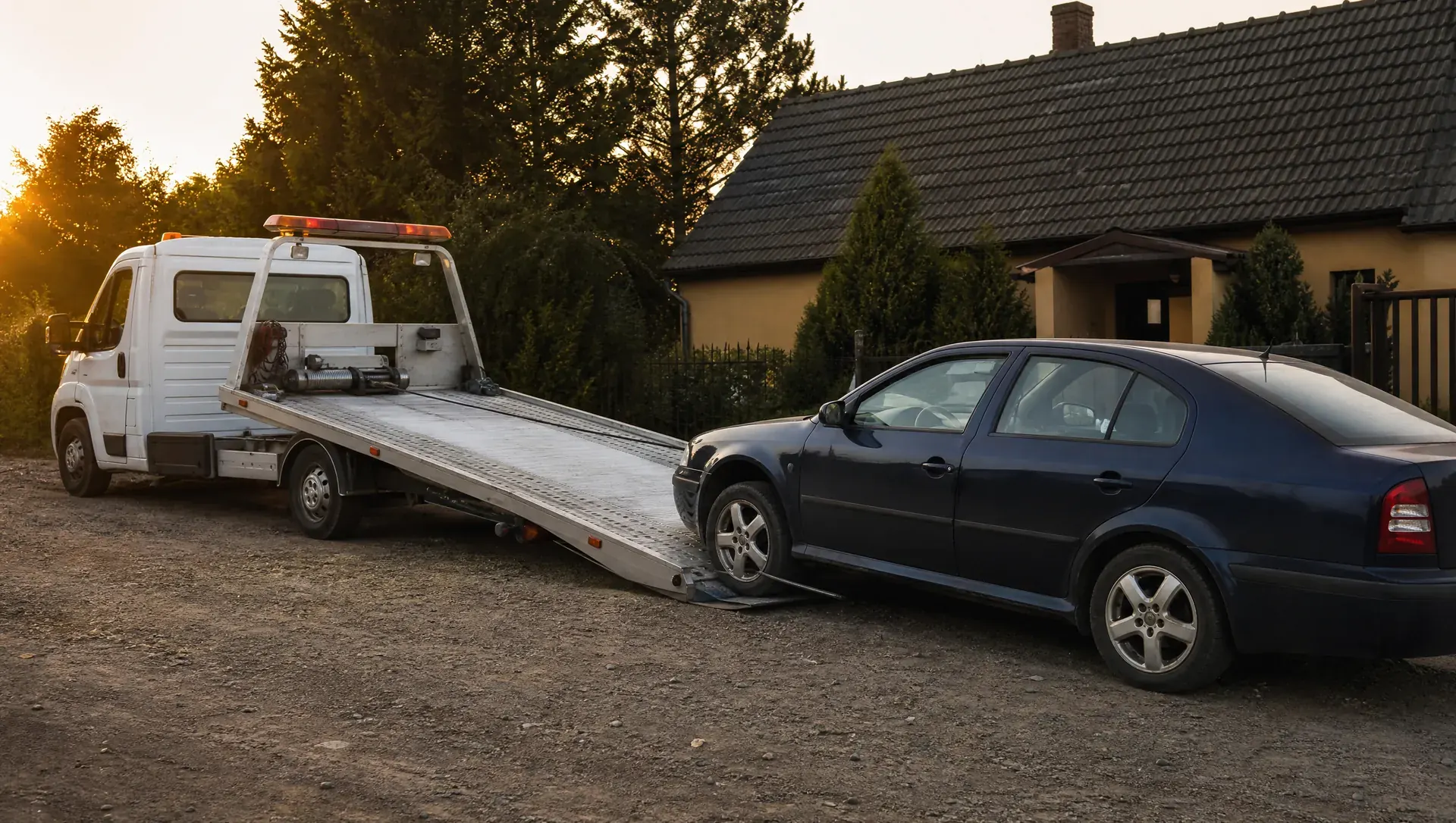 Likvidace vozidel Ústí nad Labem – ilustrační foto: odtahovka se sklopenou plošinou připravená naložit tmavou Škodu Octavia u domu