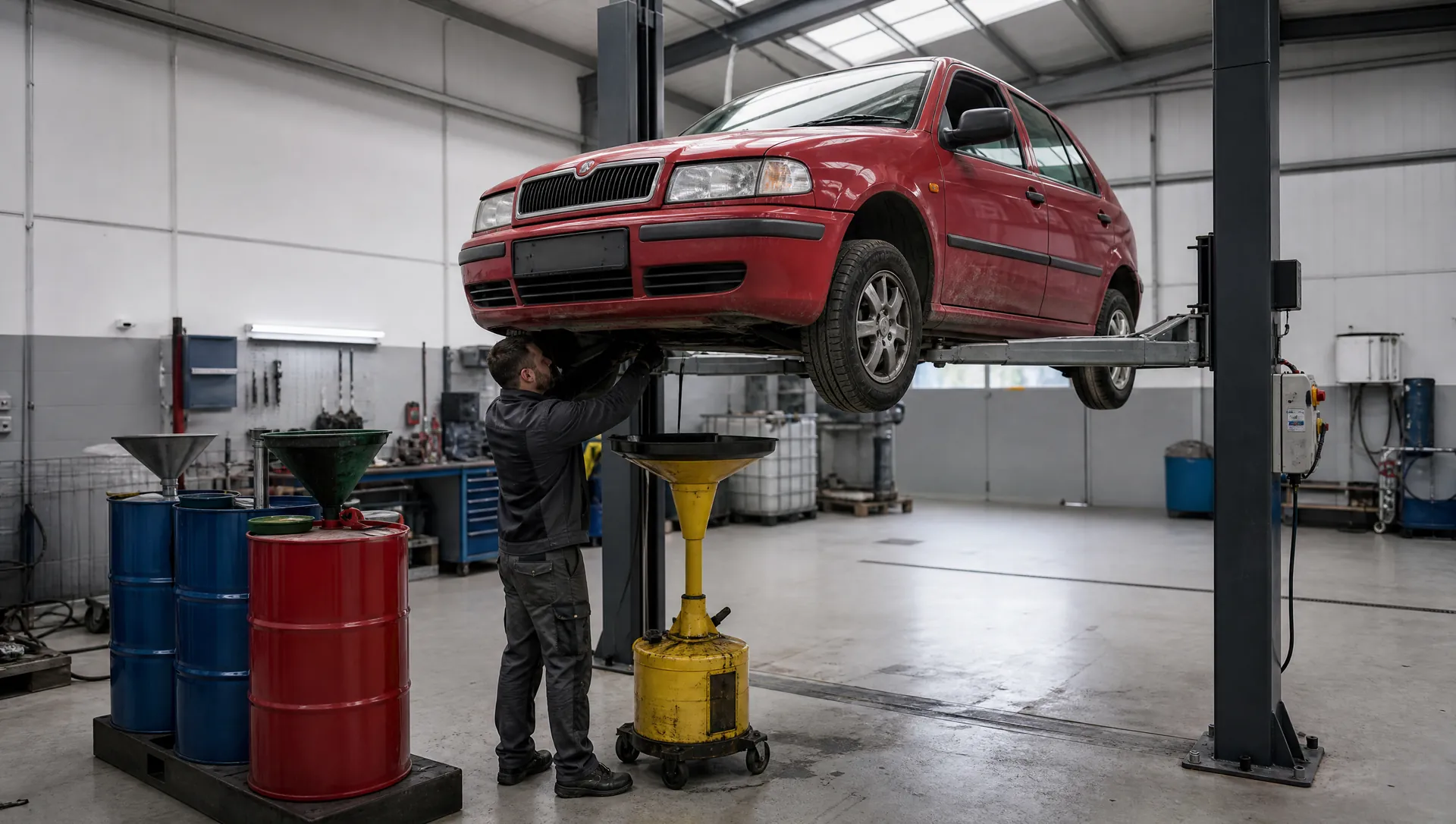 Likvidace vozidel Hoštka – ilustrační foto: červená Škoda Fabia na zvedáku, technik odčerpává provozní kapaliny do sběrných nádob