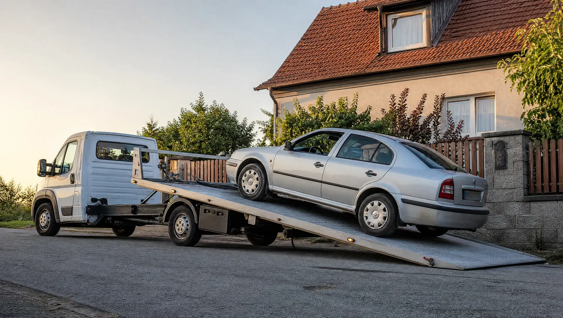 Likvidace vozidel Teplice – ilustrační foto: bílá odtahovka Fiat Ducato nakládá stříbrnou Škodu Octavia před rodinným domem