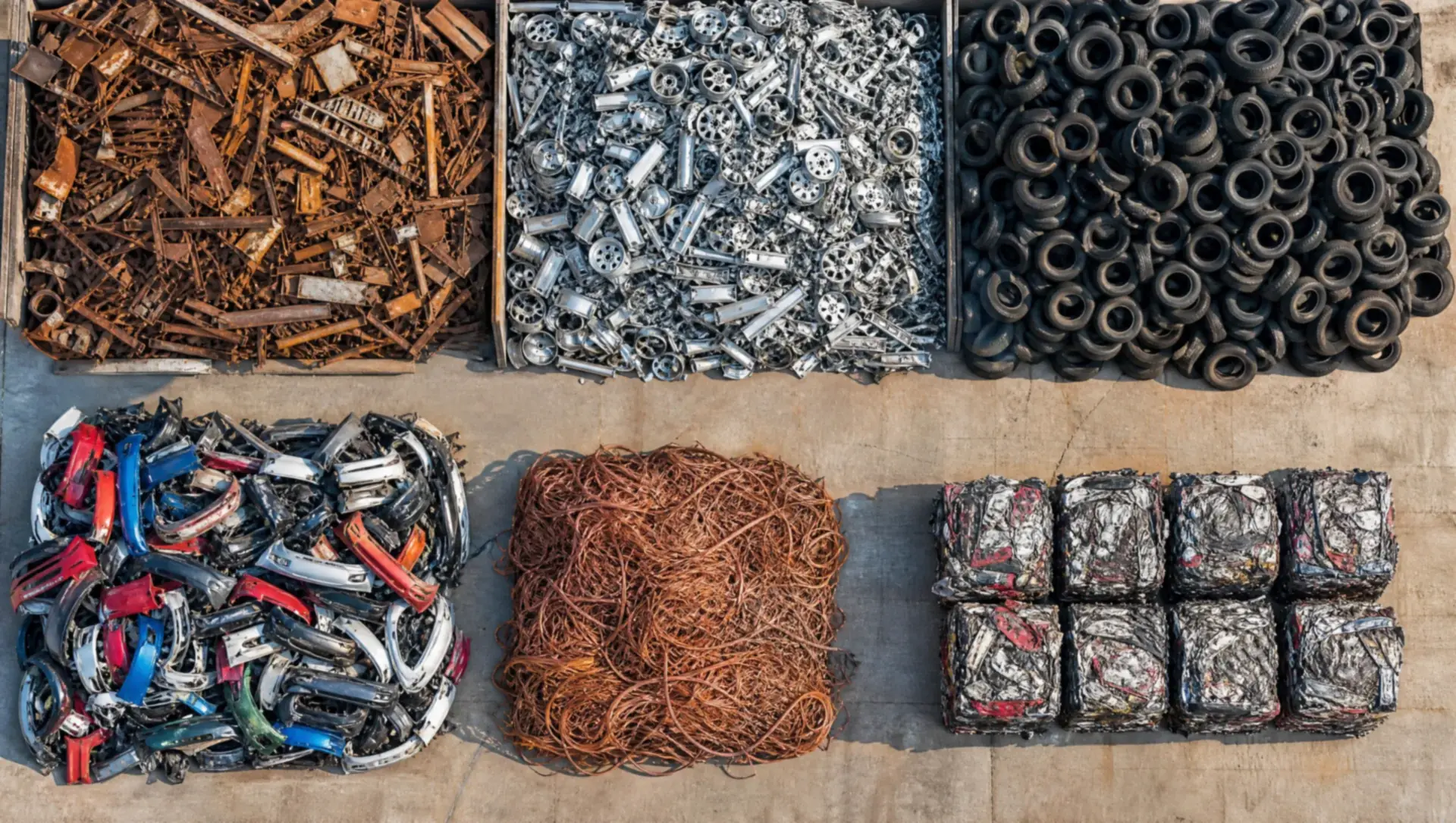 Likvidace vozidel Ústí nad Labem – ilustrační foto: vytříděné materiály z vraků: ocel, hliník, pneumatiky, kabely a lisované balíky